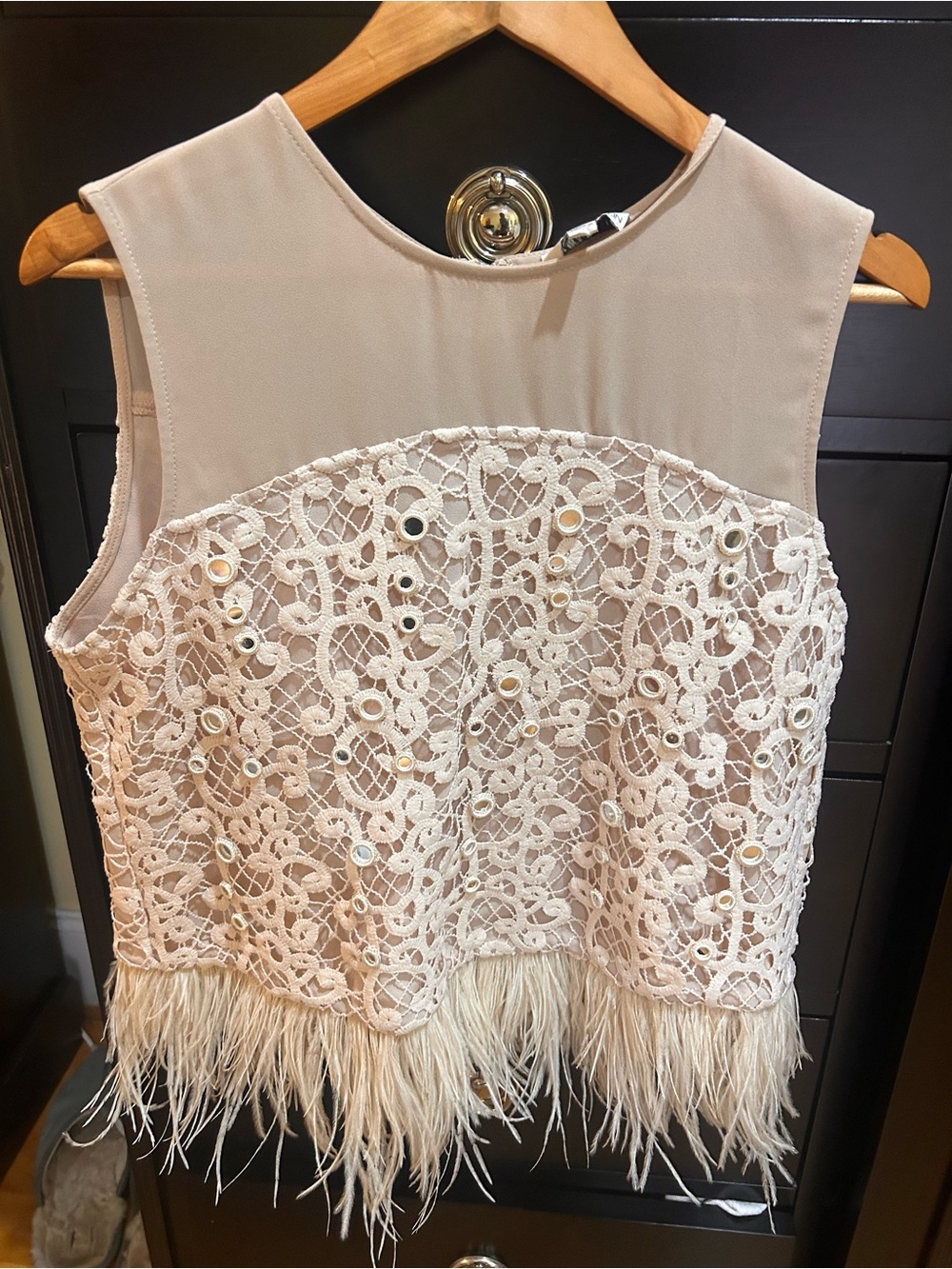Greylin Ivory Lace Eyelet Feather Hem Sleeveless Top
